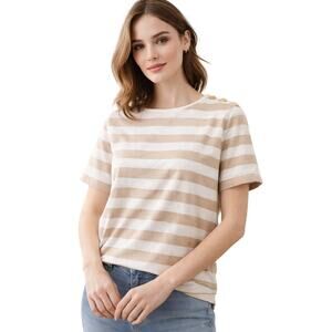 J.Crew Classic Stripe Top | Short Sleeve | Gold Button Detail | (L) Summer 2025